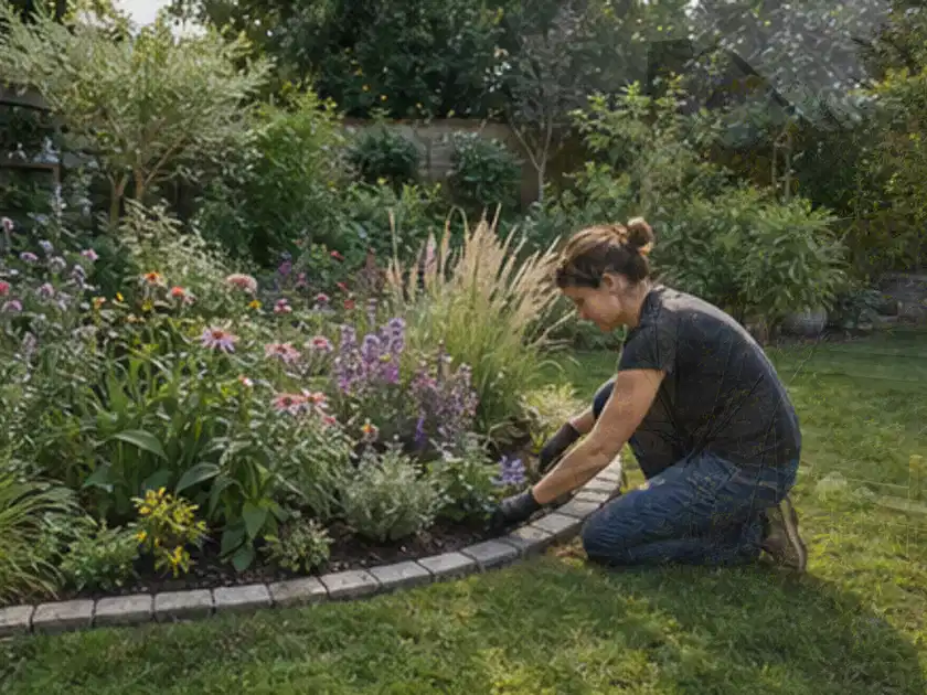 Person pflegt die klare Kante eines geschwungenen blühenden Staudenbeets; Thema Gartenneuanlage, Schwerpunkt Anleitung; Titelbild.