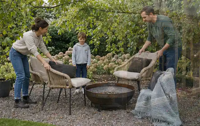 Familie stellt wetterfeste Sessel an einem geschützten Sitzplatz im Garten auf; Thema Gartenneuanlage, Schwerpunkt Anleitung; Ausgangslage.