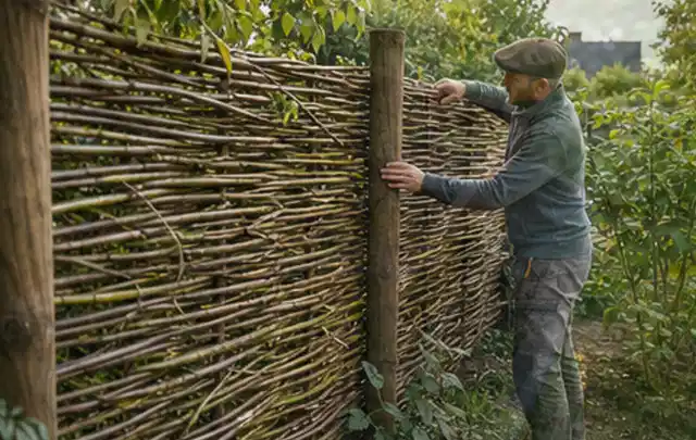 Person befestigt geflochtene Weidenruten an stabilen Holzpfosten im Garten; Thema Gartenneuanlage, Schwerpunkt Anleitung; Ergebnis.