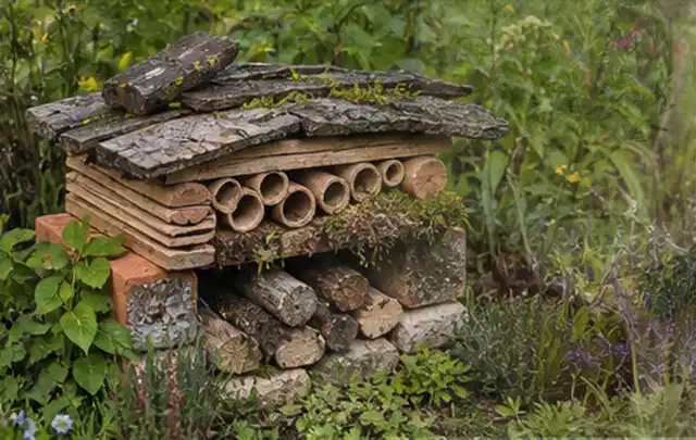 Naturnaher Unterschlupf aus Holz Rinde und Pflanzenstängeln im Garten; Thema Gartenneuanlage, Schwerpunkt Anleitung; Praxisalltag.