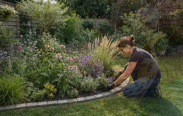 Person pflegt die klare Kante eines geschwungenen blühenden Staudenbeets; Thema Gartenneuanlage, Schwerpunkt Beleuchtung; Ausgangslage.
