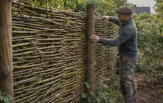 Person befestigt geflochtene Weidenruten an stabilen Holzpfosten im Garten; Thema Gartenneuanlage, Schwerpunkt Beleuchtung; Umsetzung.
