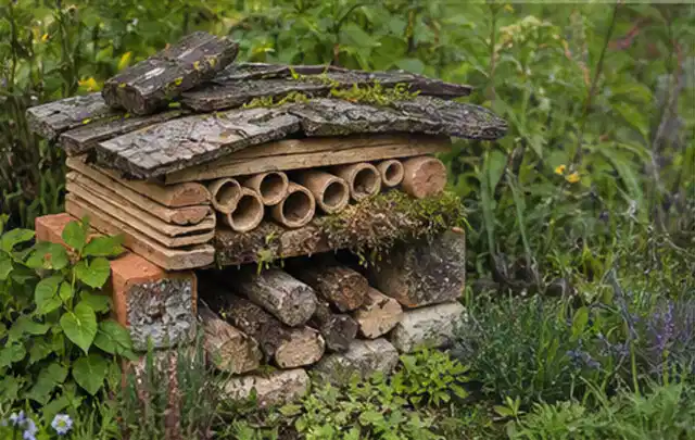 Naturnaher Unterschlupf aus Holz Rinde und Pflanzenstängeln im Garten; Thema Gartenneuanlage, Schwerpunkt Beleuchtung; Kontrolle.
