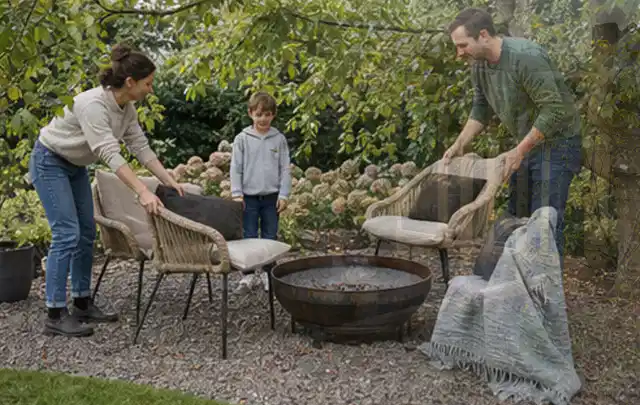 Familie stellt wetterfeste Sessel an einem geschützten Sitzplatz im Garten auf; Thema Gartenneuanlage, Schwerpunkt Beleuchtung; Praxisalltag.