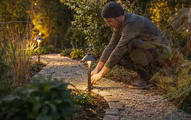 Person richtet eine niedrige warm leuchtende Gartenlampe am Kiesweg aus; Thema Gartenneuanlage, Schwerpunkt Bepflanzung; Ausgangslage.