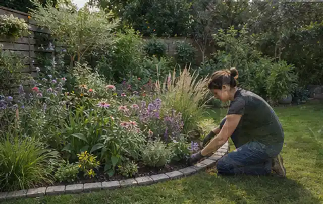 Person pflegt die klare Kante eines geschwungenen blühenden Staudenbeets; Thema Gartenneuanlage, Schwerpunkt Bepflanzung; Umsetzung.