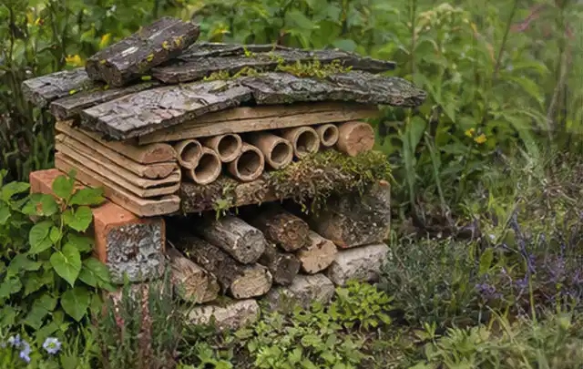 Naturnaher Unterschlupf aus Holz Rinde und Pflanzenstängeln im Garten; Thema Gartenneuanlage, Schwerpunkt Bepflanzung; Ergebnis.