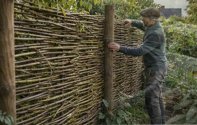 Person befestigt geflochtene Weidenruten an stabilen Holzpfosten im Garten; Thema Gartenneuanlage, Schwerpunkt Bepflanzung; Praxisalltag.