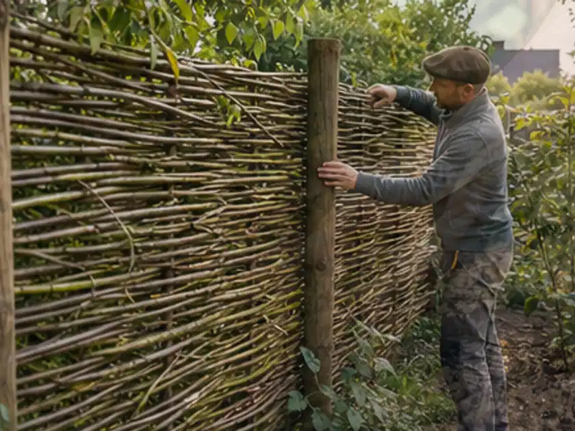 Person befestigt geflochtene Weidenruten an stabilen Holzpfosten im Garten; Thema Gartenneuanlage, Schwerpunkt Checkliste; Titelbild.