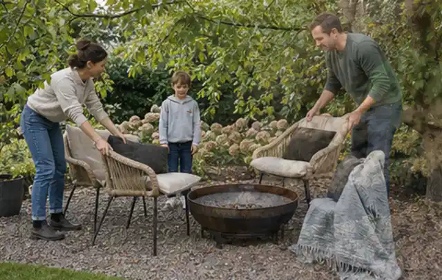 Familie stellt wetterfeste Sessel an einem geschützten Sitzplatz im Garten auf; Thema Gartenneuanlage, Schwerpunkt Checkliste; Ausgangslage.