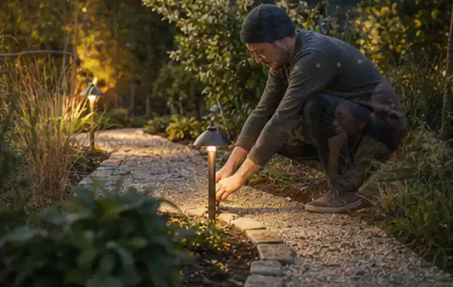 Person richtet eine niedrige warm leuchtende Gartenlampe am Kiesweg aus; Thema Gartenneuanlage, Schwerpunkt Checkliste; Kontrolle.