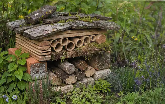 Naturnaher Unterschlupf aus Holz Rinde und Pflanzenstängeln im Garten; Thema Gartenneuanlage, Schwerpunkt Checkliste; Ergebnis.