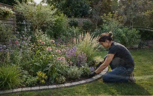 Person pflegt die klare Kante eines geschwungenen blühenden Staudenbeets; Thema Gartenneuanlage, Schwerpunkt Checkliste; Praxisalltag.