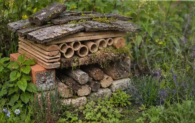 Naturnaher Unterschlupf aus Holz Rinde und Pflanzenstängeln im Garten; Thema Gartenneuanlage, Schwerpunkt Fehlerhilfe; Ausgangslage.
