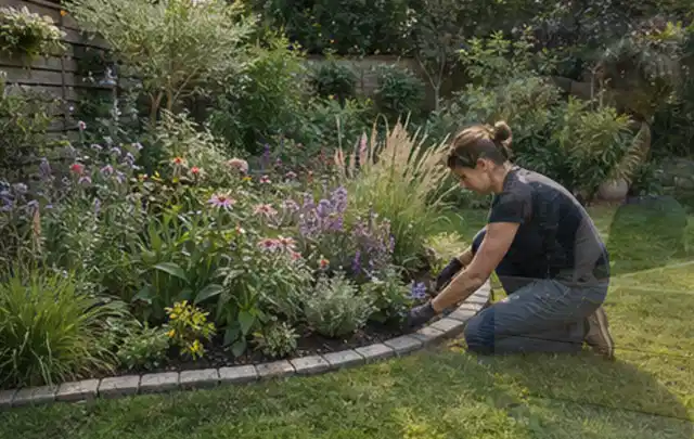 Person pflegt die klare Kante eines geschwungenen blühenden Staudenbeets; Thema Gartenneuanlage, Schwerpunkt Fehlerhilfe; Umsetzung.
