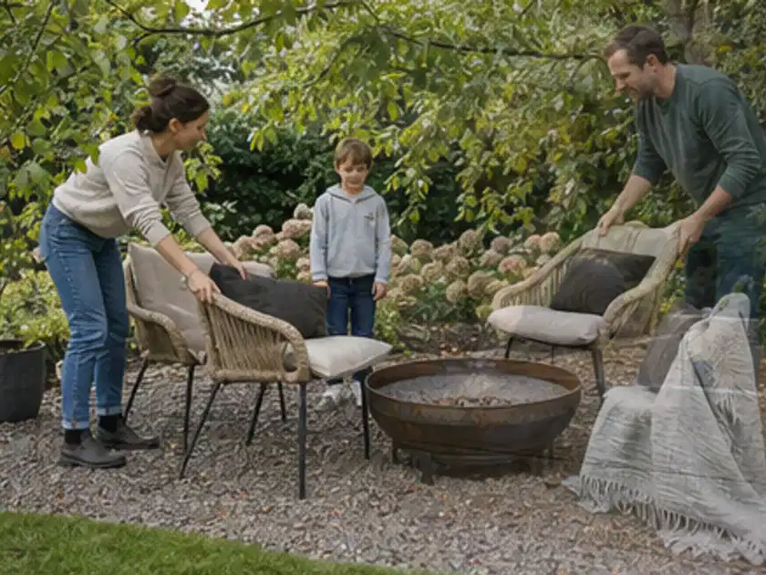 Familie stellt wetterfeste Sessel an einem geschützten Sitzplatz im Garten auf; Thema Gartenneuanlage, Schwerpunkt Gärten mit kleiner Fläche; Titelbild.