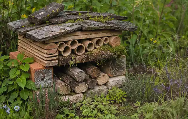 Naturnaher Unterschlupf aus Holz Rinde und Pflanzenstängeln im Garten; Thema Gartenneuanlage, Schwerpunkt Gärten mit kleiner Fläche; Ausgangslage.