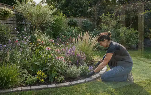 Person pflegt die klare Kante eines geschwungenen blühenden Staudenbeets; Thema Gartenneuanlage, Schwerpunkt Gärten mit kleiner Fläche; Kontrolle.