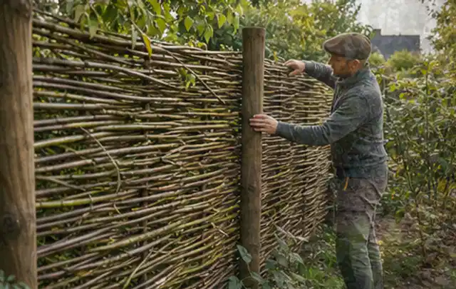 Person befestigt geflochtene Weidenruten an stabilen Holzpfosten im Garten; Thema Gartenneuanlage, Schwerpunkt Gärten mit kleiner Fläche; Praxisalltag.