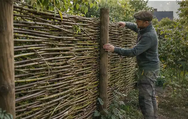 Person befestigt geflochtene Weidenruten an stabilen Holzpfosten im Garten; Thema Gartenneuanlage, Schwerpunkt Garten gestalten; Kontrolle.