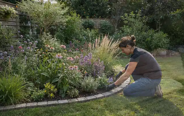 Person pflegt die klare Kante eines geschwungenen blühenden Staudenbeets; Thema Gartenneuanlage, Schwerpunkt Hanglage; Ausgangslage.