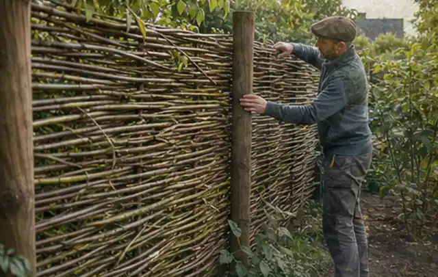 Person befestigt geflochtene Weidenruten an stabilen Holzpfosten im Garten; Thema Gartenneuanlage, Schwerpunkt Hanglage; Ergebnis.