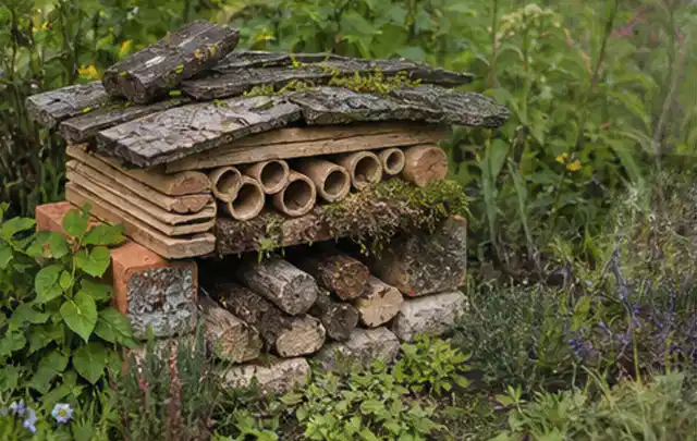 Naturnaher Unterschlupf aus Holz Rinde und Pflanzenstängeln im Garten; Thema Gartenneuanlage, Schwerpunkt Inspiration; Ausgangslage.