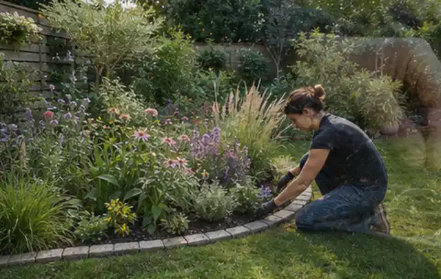 Person pflegt die klare Kante eines geschwungenen blühenden Staudenbeets; Thema Gartenneuanlage, Schwerpunkt Inspiration; Umsetzung.