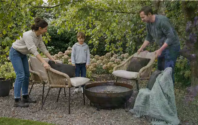 Familie stellt wetterfeste Sessel an einem geschützten Sitzplatz im Garten auf; Thema Gartenneuanlage, Schwerpunkt Inspiration; Ergebnis.