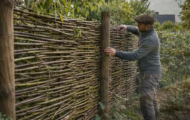 Person befestigt geflochtene Weidenruten an stabilen Holzpfosten im Garten; Thema Gartenneuanlage, Schwerpunkt Inspiration; Praxisalltag.