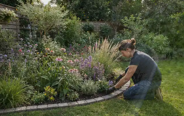 Person pflegt die klare Kante eines geschwungenen blühenden Staudenbeets; Thema Gartenneuanlage, Schwerpunkt Materialwahl; Ausgangslage.