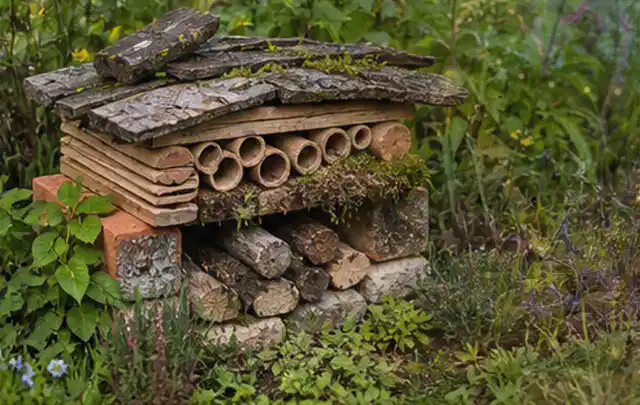 Naturnaher Unterschlupf aus Holz Rinde und Pflanzenstängeln im Garten; Thema Gartenneuanlage, Schwerpunkt Materialwahl; Umsetzung.
