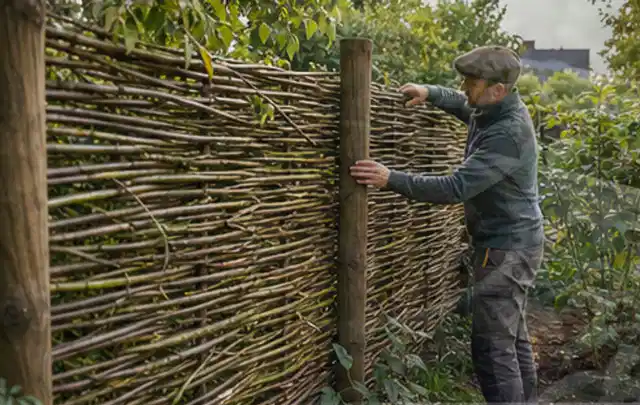 Person befestigt geflochtene Weidenruten an stabilen Holzpfosten im Garten; Thema Gartenneuanlage, Schwerpunkt Materialwahl; Kontrolle.