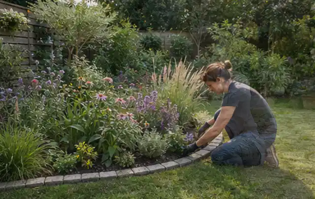 Person pflegt die klare Kante eines geschwungenen blühenden Staudenbeets; Thema Gartenneuanlage, Schwerpunkt Naturgarten; Umsetzung.