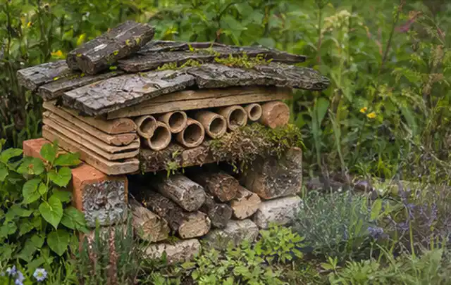 Naturnaher Unterschlupf aus Holz Rinde und Pflanzenstängeln im Garten; Thema Gartenneuanlage, Schwerpunkt Naturgarten; Ergebnis.
