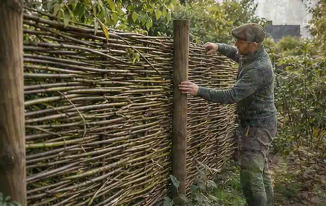 Person befestigt geflochtene Weidenruten an stabilen Holzpfosten im Garten; Thema Gartenneuanlage, Schwerpunkt Naturgarten; Praxisalltag.