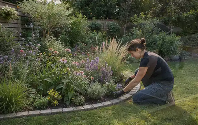 Person pflegt die klare Kante eines geschwungenen blühenden Staudenbeets; Thema Gartenneuanlage, Schwerpunkt Pflegeleichtigkeit; Umsetzung.