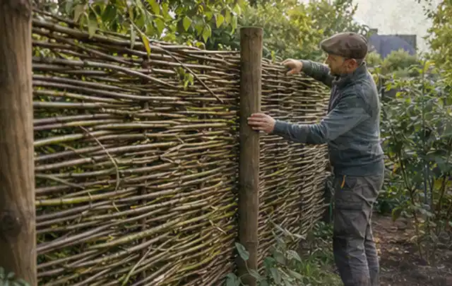 Person befestigt geflochtene Weidenruten an stabilen Holzpfosten im Garten; Thema Gartenneuanlage, Schwerpunkt Pflegeleichtigkeit; Ergebnis.
