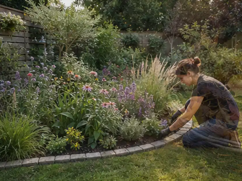 Person pflegt die klare Kante eines geschwungenen blühenden Staudenbeets; Thema Gartenneuanlage, Schwerpunkt Planung; Titelbild.