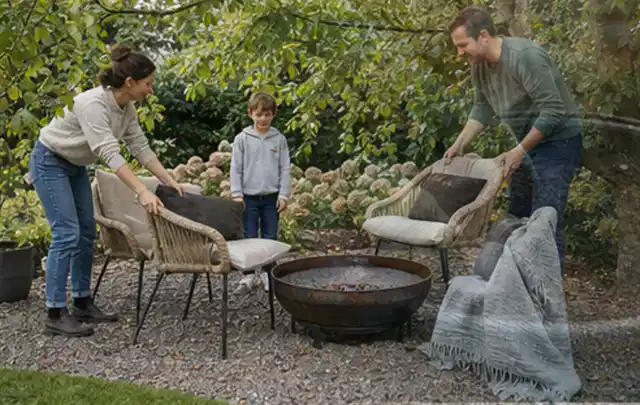 Familie stellt wetterfeste Sessel an einem geschützten Sitzplatz im Garten auf; Thema Gartenneuanlage, Schwerpunkt Planung; Kontrolle.