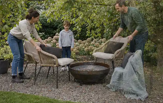 Familie stellt wetterfeste Sessel an einem geschützten Sitzplatz im Garten auf; Thema Gartenneuanlage, Schwerpunkt Praxisbeispiele; Ausgangslage.