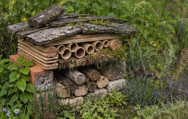 Naturnaher Unterschlupf aus Holz Rinde und Pflanzenstängeln im Garten; Thema Gartenneuanlage, Schwerpunkt Praxisbeispiele; Umsetzung.
