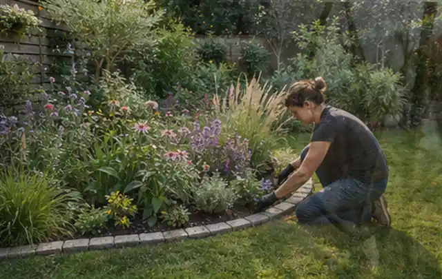 Person pflegt die klare Kante eines geschwungenen blühenden Staudenbeets; Thema Gartenneuanlage, Schwerpunkt Praxisbeispiele; Kontrolle.