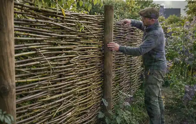Person befestigt geflochtene Weidenruten an stabilen Holzpfosten im Garten; Thema Gartenneuanlage, Schwerpunkt Praxisbeispiele; Ergebnis.