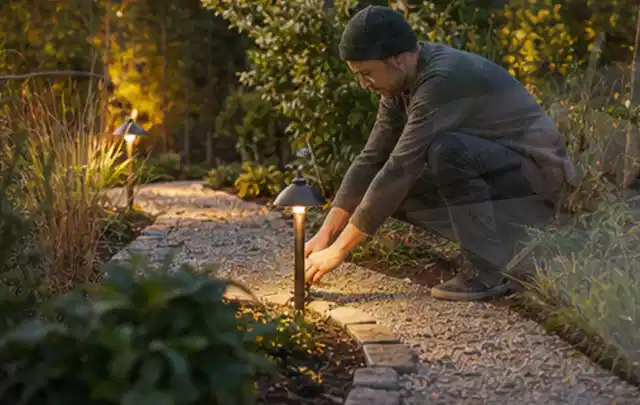 Person richtet eine niedrige warm leuchtende Gartenlampe am Kiesweg aus; Thema Gartenneuanlage, Schwerpunkt Praxisbeispiele; Praxisalltag.