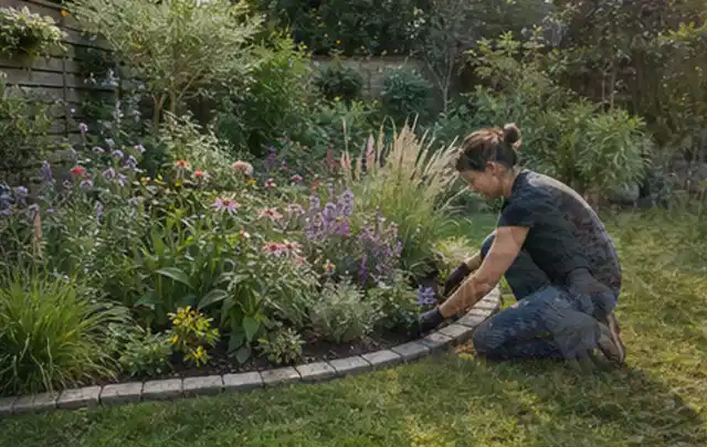 Person pflegt die klare Kante eines geschwungenen blühenden Staudenbeets; Thema Gartenneuanlage, Schwerpunkt Privatsphäre; Umsetzung.