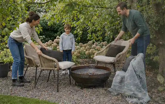 Familie stellt wetterfeste Sessel an einem geschützten Sitzplatz im Garten auf; Thema Gartenneuanlage, Schwerpunkt Privatsphäre; Kontrolle.