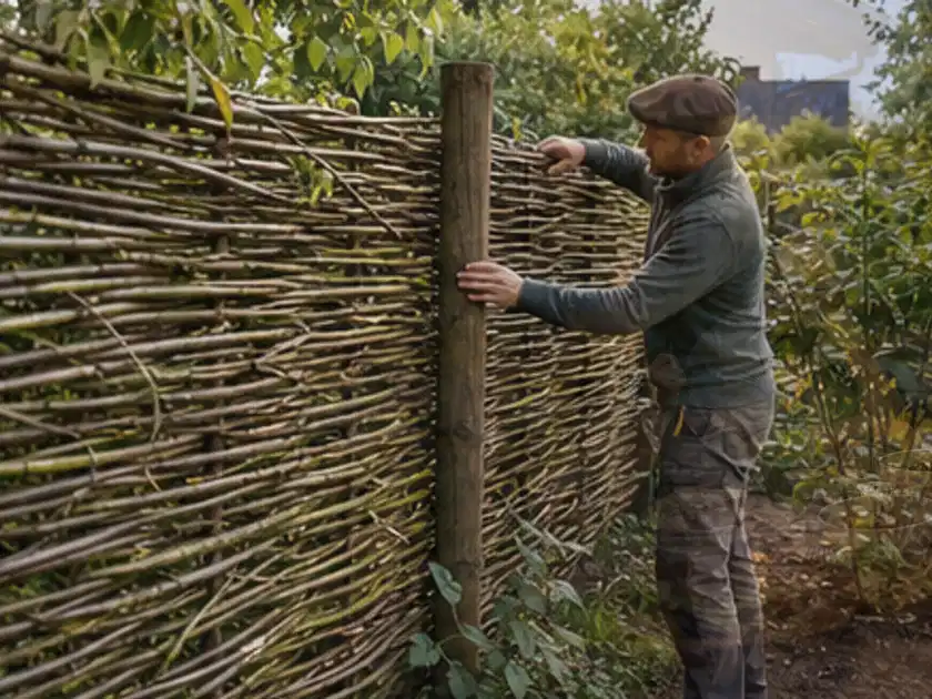 Person befestigt geflochtene Weidenruten an stabilen Holzpfosten im Garten; Thema Gartenneuanlage, Schwerpunkt Wegeführung; Titelbild.