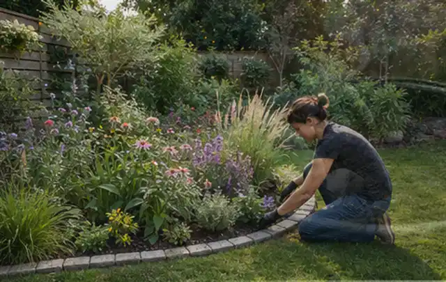 Person pflegt die klare Kante eines geschwungenen blühenden Staudenbeets; Thema Gartenneuanlage, Schwerpunkt Wegeführung; Kontrolle.