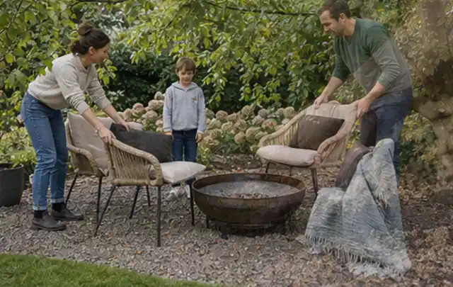 Familie stellt wetterfeste Sessel an einem geschützten Sitzplatz im Garten auf; Thema Gartenneuanlage, Schwerpunkt Wegeführung; Ergebnis.